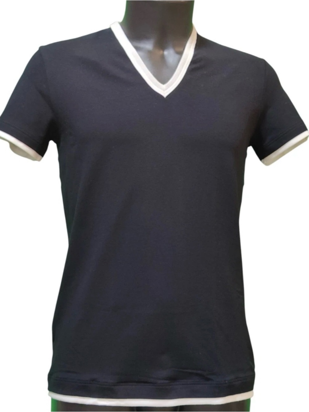 Dolce Gabbana Men's Black V-Neck T-Shirt with White Trim